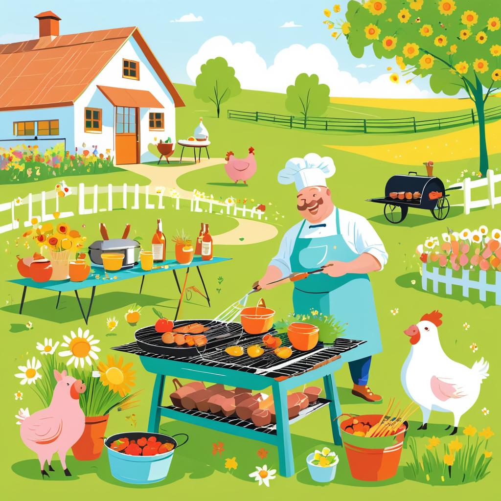 Joyful Farmyard Barbecue in Blooming Pasture