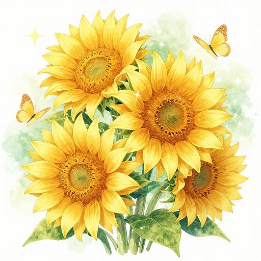Watercolor-style illustration of vibrant yellow sunflowers with green leaves, surrounded by two orange butterflies on a soft, white background.
