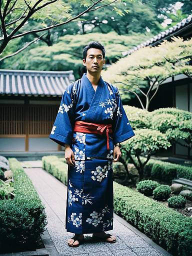 Man in Blue Yukata in Garden