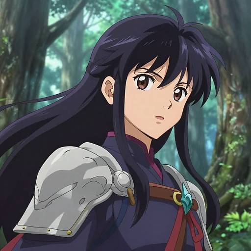Anime-style digital drawing of a serious young woman with long black hair, wearing silver armor and a dark robe, standing in a lush, green forest.
