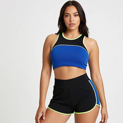 Photograph of a young woman with medium skin tone, black hair, wearing a blue and black sports crop top and black shorts with yellow trim. White