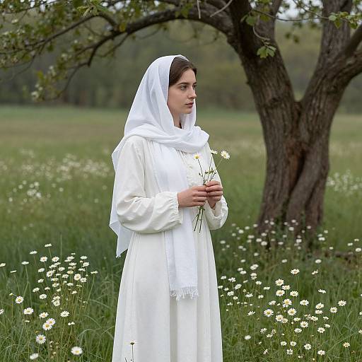 Photograph of a young woman with fair skin, dark brown hair, wearing a white headscarf and long white dress, holding white daisies