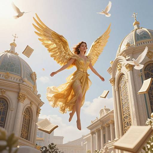 Photograph of a golden-winged angel woman with flowing dress and brown hair, soaring above ornate domed buildings, surrounded by flying white doves