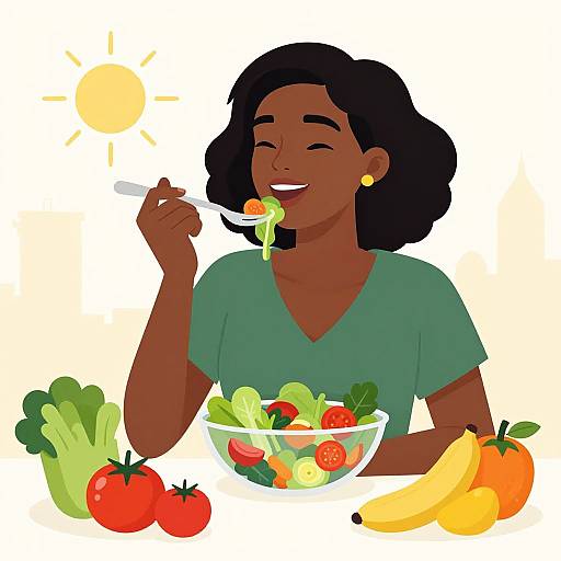 Illustration of a dark-skinned woman with black curly hair, green shirt, eating salad from bowl with colorful fruits and veggies, bananas, tomatoes,