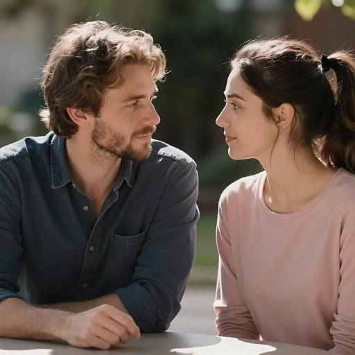 Photograph of a smiling, brown-haired man in a blue shirt and a dark-haired woman in a pink sweater, sitting outdoors, facing each other.
