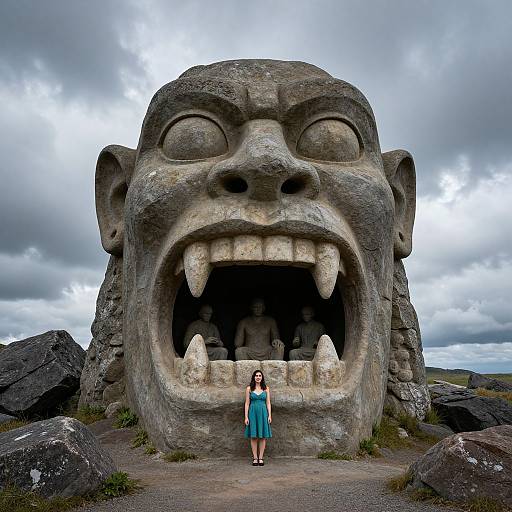 Photograph of a giant stone head with large, open mouth and prominent teeth, centered behind a small woman in a turquoise dress, standing on a cloudy