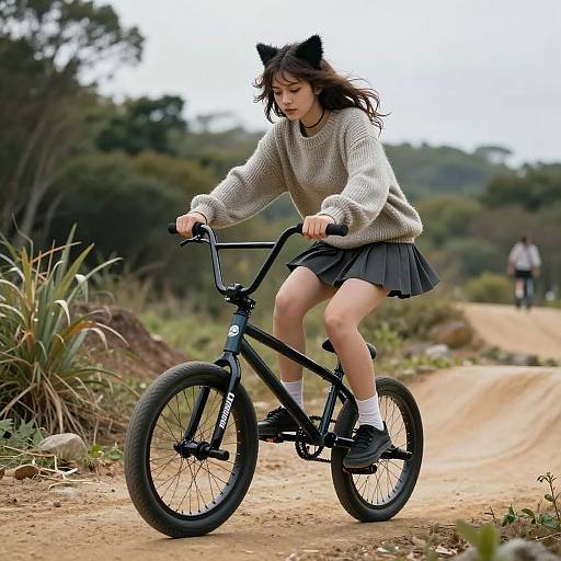 Photograph of an Asian girl with black cat ears, in a beige sweater, gray skirt, and black bike, riding a black bike on a dirt