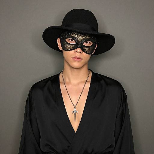 Photograph of a young person with pale skin, wearing a black wide-brimmed hat, black lace mask, deep V-neck black robe, and