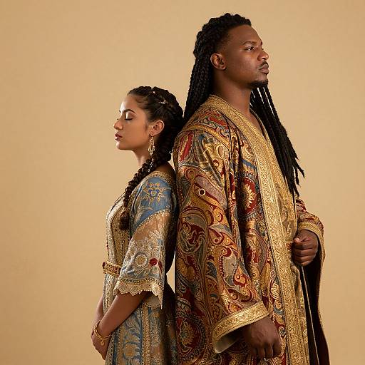 Photograph of an African couple in traditional, ornately patterned gold and blue robes, standing back-to-back, against a beige background.