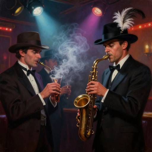 Photograph of two male jazz musicians in black suits and hats, one playing saxophone, the other smoking with visible smoke, in a dimly lit