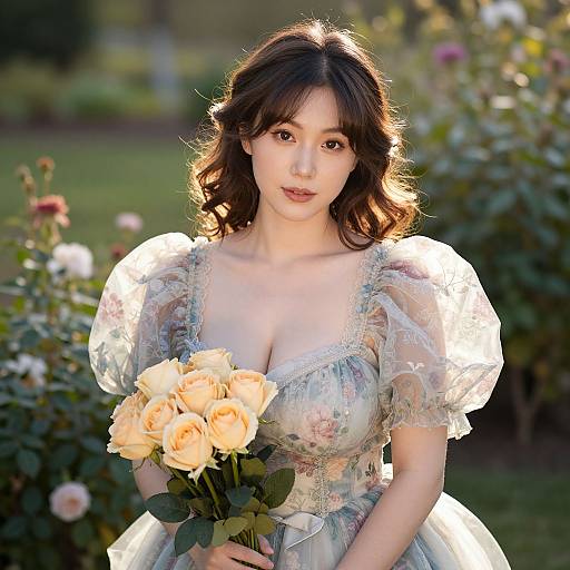 Photograph of an Asian woman with wavy brown hair, wearing a floral, puffed-sleeve dress, holding a bouquet of pale roses,