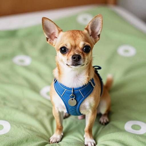 Adorable Chihuahua on Patterned Bed
