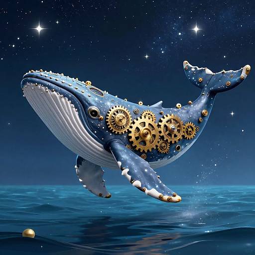 Digital art of a blue whale adorned with golden gears, floating in a starry, deep blue ocean under a night sky.
