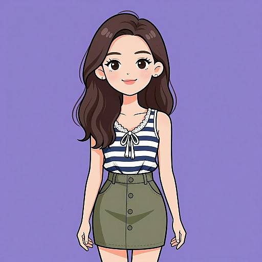 Digital anime-style drawing of a young woman with long brown hair, wearing a blue and white striped top and green buttoned skirt, against a solid purple