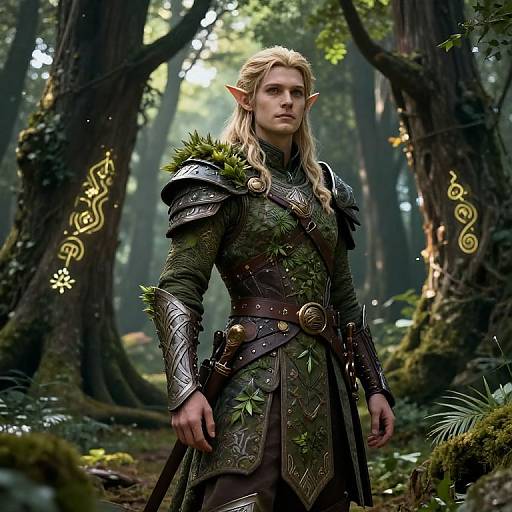 Photorealistic CGI of a blonde, elven warrior with pointed ears, wearing ornate, leaf-adorned armor, standing in a mystical forest