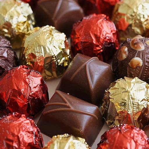 Close-up photograph of assorted chocolate candies with red, gold, and brown foil wrappers, showcasing textured wrapping and smooth chocolate surfaces.