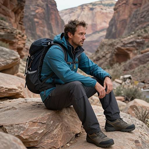 Photograph of a bearded man with short brown hair, wearing a blue jacket, black pants, and hiking boots, sitting on a rocky outcrop