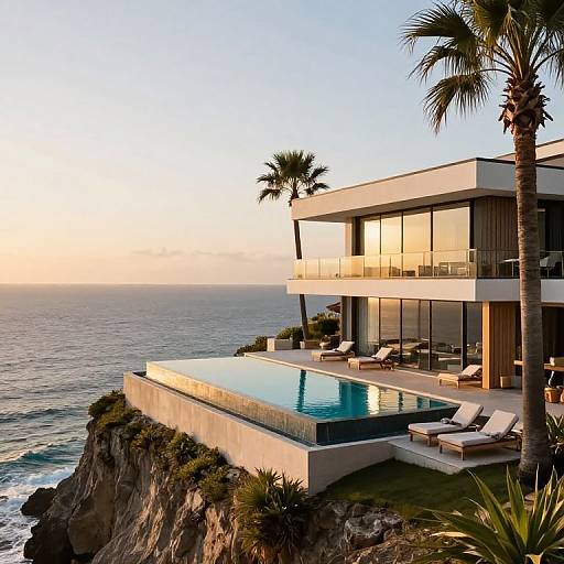 Photograph of a modern two-story coastal house with glass walls, infinity pool, lounge chairs, and palm trees, overlooking a calm ocean at sunset.