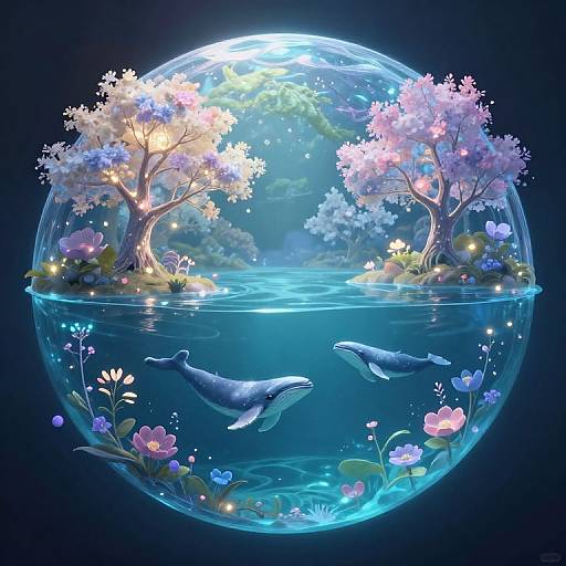 Digital artwork of a glowing, ethereal sphere containing two dolphins swimming in a luminous blue pond, surrounded by blooming pink and purple trees, and