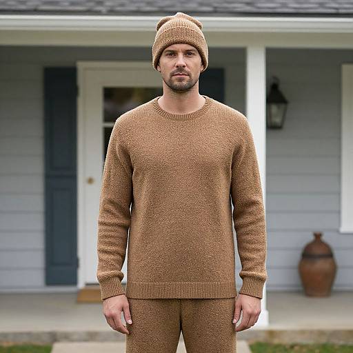 Photograph of a bearded man in a tan knit sweater and matching beanie, standing in front of a blue house with white trim and a large