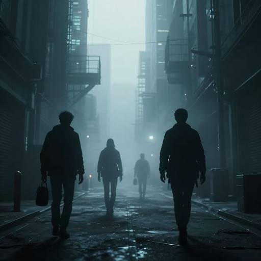 Cyberpunk Silhouettes in Misty Alley