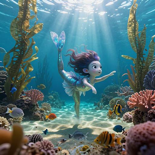 Digital artwork of a cute, sparkling mermaid with purple hair, swimming in a vibrant underwater coral reef, surrounded by colorful fish and sunlight filtering through the