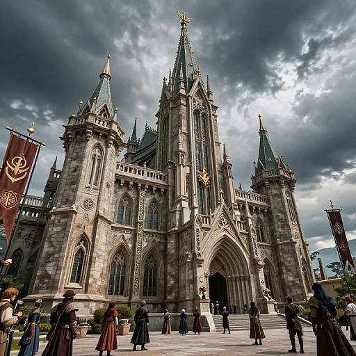Photograph of a Gothic-style cathedral with intricate spires, arched windows, and stone facade, under a dramatic cloudy sky, with people in Victorian