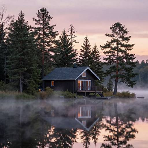Photograph of a dark wooden cabin with a porch, surrounded by tall pine trees, reflected in a misty lake at dawn.
