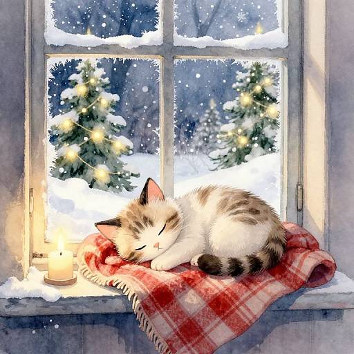 Digital painting of a calico cat sleeping on a red plaid blanket by a snowy window, illuminated by candlelight and Christmas lights.