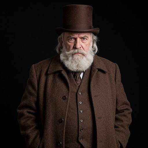 Photograph of a stern-looking elderly man with a white beard, wearing a brown top hat, dark brown woolen suit, and black tie, against