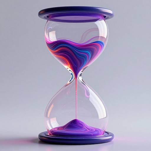 Photograph of a glass hourglass with swirling purple and blue liquid sand, reflecting light against a white background.
