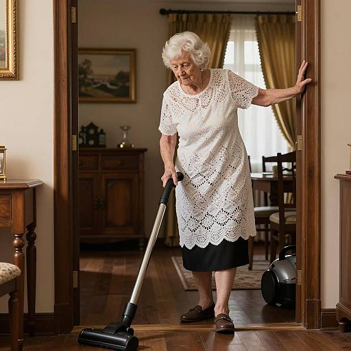 Elderly Woman Vacuuming in Style