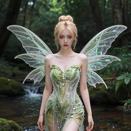 Digital artwork of a fair-skinned, blonde fairy with translucent wings, wearing a green, beaded, strapless dress, standing in a forest by