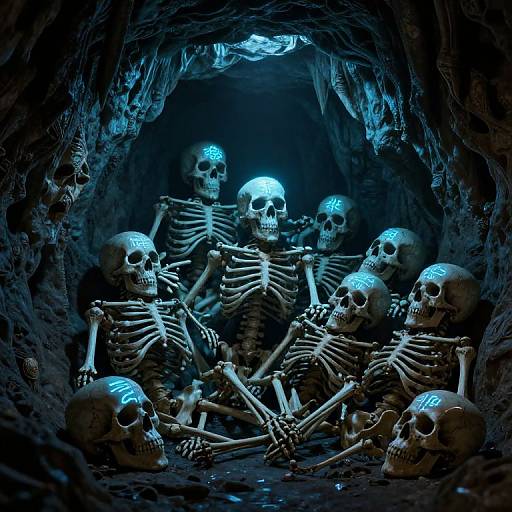 Photorealistic digital artwork of seven glowing blue-marked skeletons huddled in a dark, cave-like space, illuminated by a blue light from above.