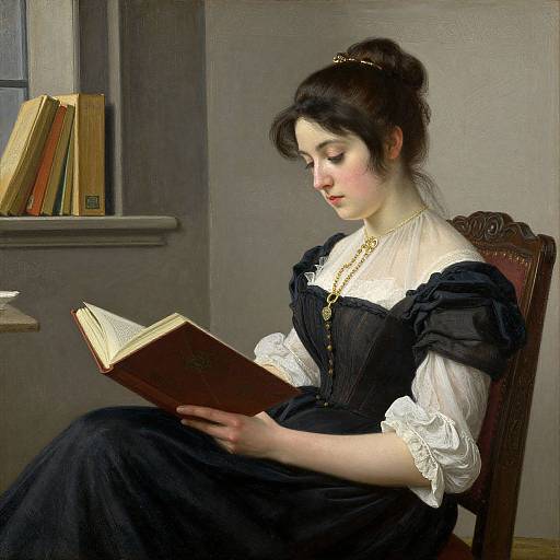 A Victorian-era woman with fair skin, dark hair in an updo, wearing a black dress with white lace cuffs, reads a book in a dim
