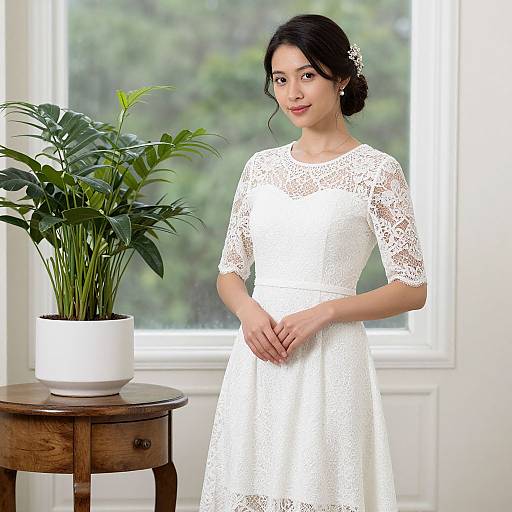Photograph of an Asian woman with dark hair in a white lace dress, standing by a potted plant on a wooden table, with a bright window