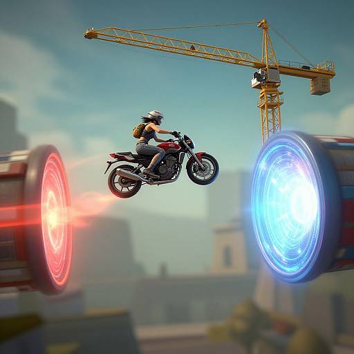 Digital artwork of a motorcyclist in mid-air jump, racing between two glowing red and blue lights, with a yellow crane and cityscape in the