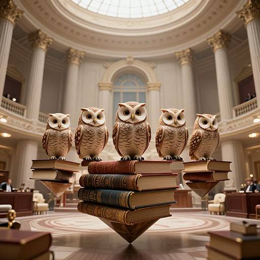 Photograph of five realistic owls perched on stacked books in a grand, ornate library with tall columns and a domed ceiling.