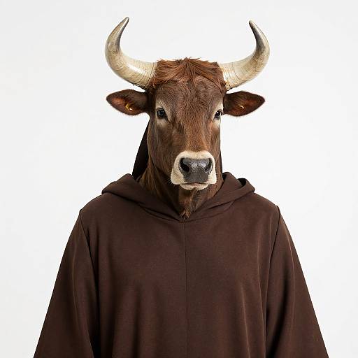 Photograph of a brown cow with large horns wearing a dark brown hoodie, centered against a white background.