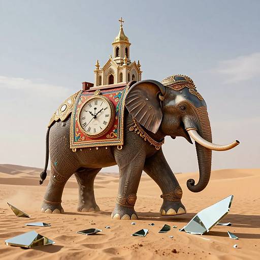 Photorealistic CGI of an ornate elephant with a clock on its back and a church on top, standing in a desert with shattered glass pieces scattered