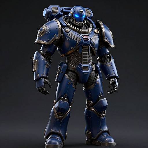 Photorealistic CGI of a blue, armored, futuristic robot with glowing blue eyes and intricate gold accents, standing against a dark gradient background.
