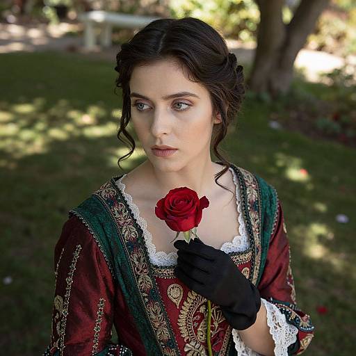 Photograph of a fair-skinned woman with dark curly hair, wearing a Victorian-style red dress with lace, black gloves, holding a red rose,