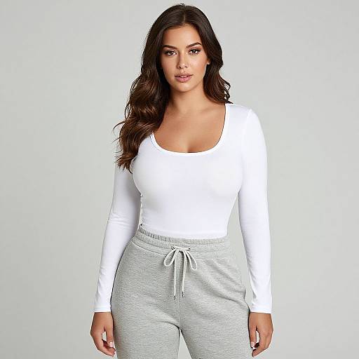 Photograph of a curvy woman with long, wavy brown hair, wearing a white long-sleeve top and light gray sweatpants, standing