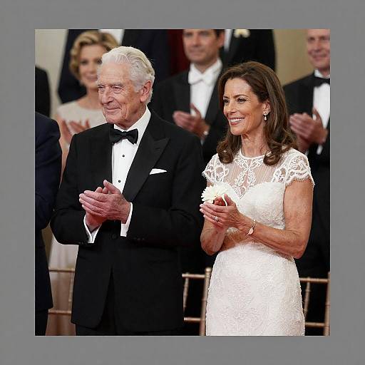 Photograph of an elderly white man in a black tuxedo and a middle-aged white woman in a white lace dress, clapping at a formal