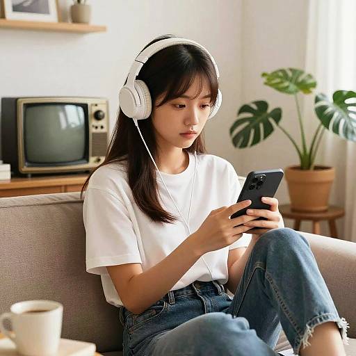 Young Woman Relaxing with Headphones and Smartphone
