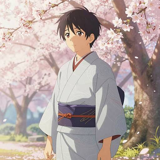Futuristic Anime Boy in Cherry Blossom Garden