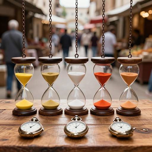 Photograph of six hanging glass hourglasses with different colored sands (yellow, yellow, clear, clear, red, orange) on a wooden table