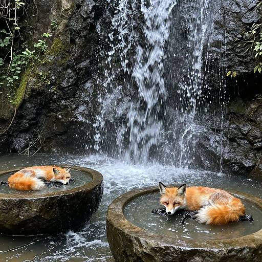 Photograph of two red foxes with orange fur and white underbellies, resting on stone platforms in a waterfall stream, surrounded by dark rocky cliffs