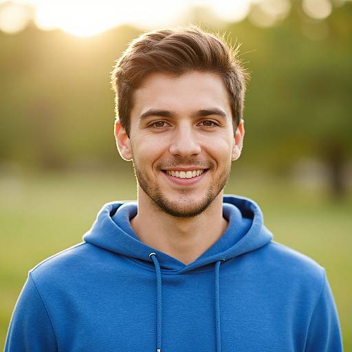 Photograph of a smiling young man with dark brown hair, light skin, and a short beard, wearing a blue hoodie, standing outdoors in a sun