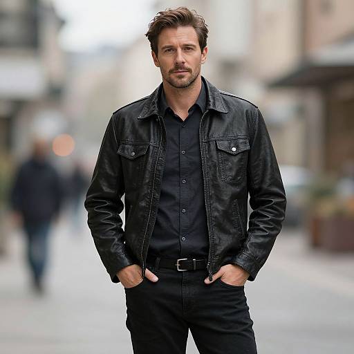 Photograph of a handsome, bearded man with brown hair, wearing a black denim jacket and black shirt, standing confidently on a blurred city street.